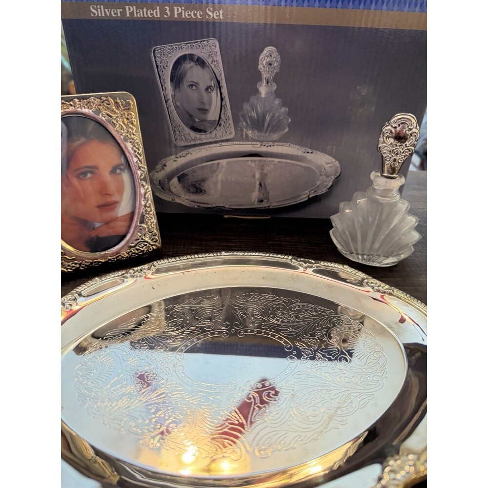 Gift Gallery, Silver Plated Perfume Bottle and Picture Frame on Ornate Tray -NIB